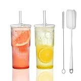 VITEVER 600ML Bubble Tea Glasbecher mit Deckel und Strohhalm，2 Pack High Borosilicate Glas Longdrinkglas Set für Eiskaffee Saft Smoothie Wasser Tee, Transparente gestreifte Glas-Wasserbecher