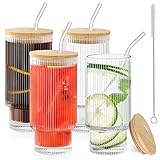 Anhow 4er Cocktail Gläser Set, 350ml Geriffelte Gläser Longdrinkglas mit Deckel, Trinkgläser mit 4 Strohhalm/ 1 Bürsten für Wasser, Cocktails, Saft - Transparent